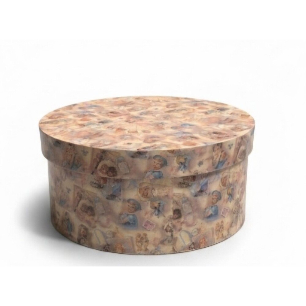 Vintage Round Victorian Children Print Hat Box Cottagecore Shabby Chic Storage